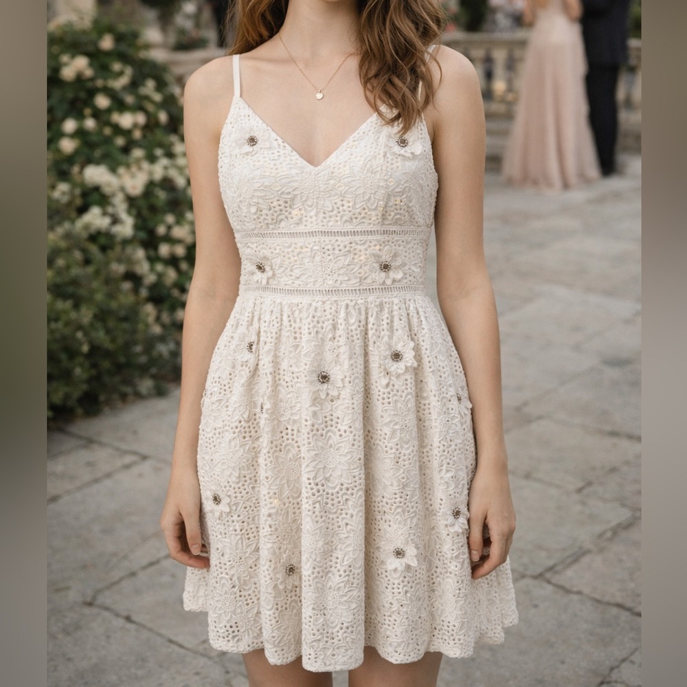 Michael Kors White Eyelet Mini Dress Bridal Cottagecore Romantic Wedding Guest 0